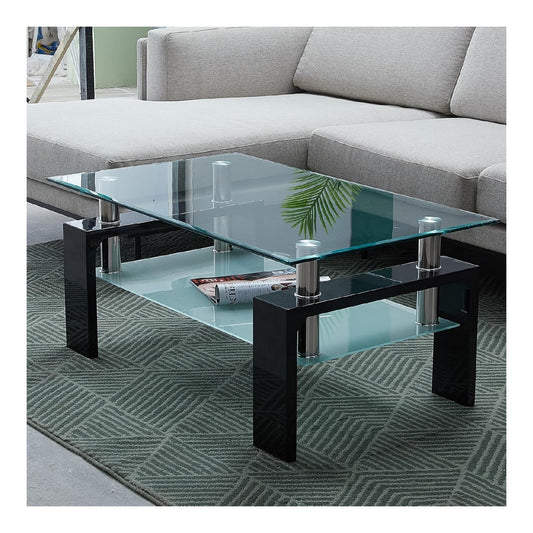 Couchtisch rechteckig Schwarz Glas mit Ablage