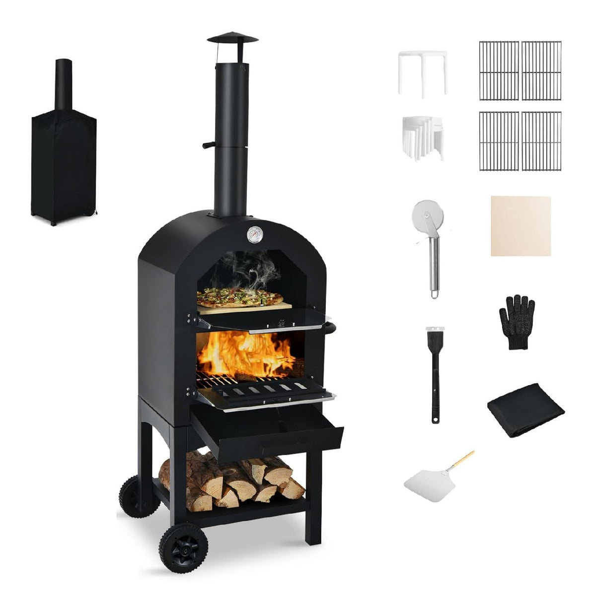 Pizzaofen fuer den Aussenbereich Beige tragbarer Holzofen aus Eisen Mini-Ofen 2 Ebenen