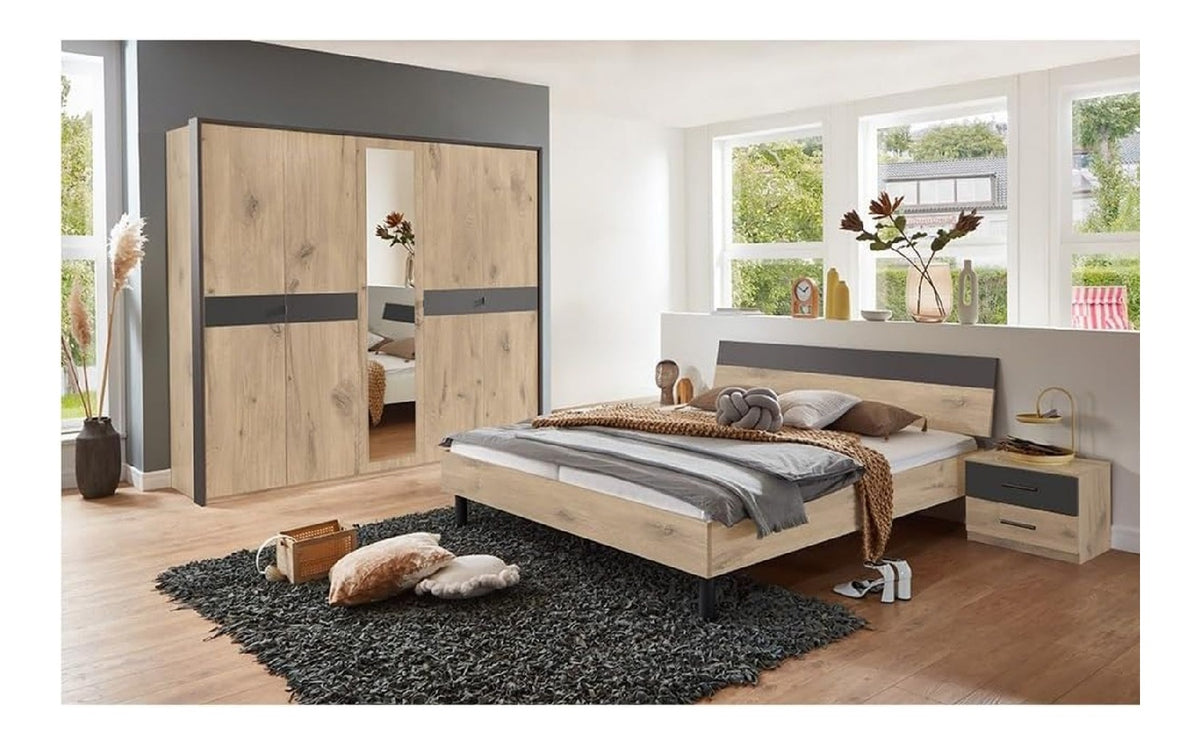 Lomadox Schlafzimmer Komplett Set 4-teilig eiche 180x200 cm Bett 1 Kleiderschrank