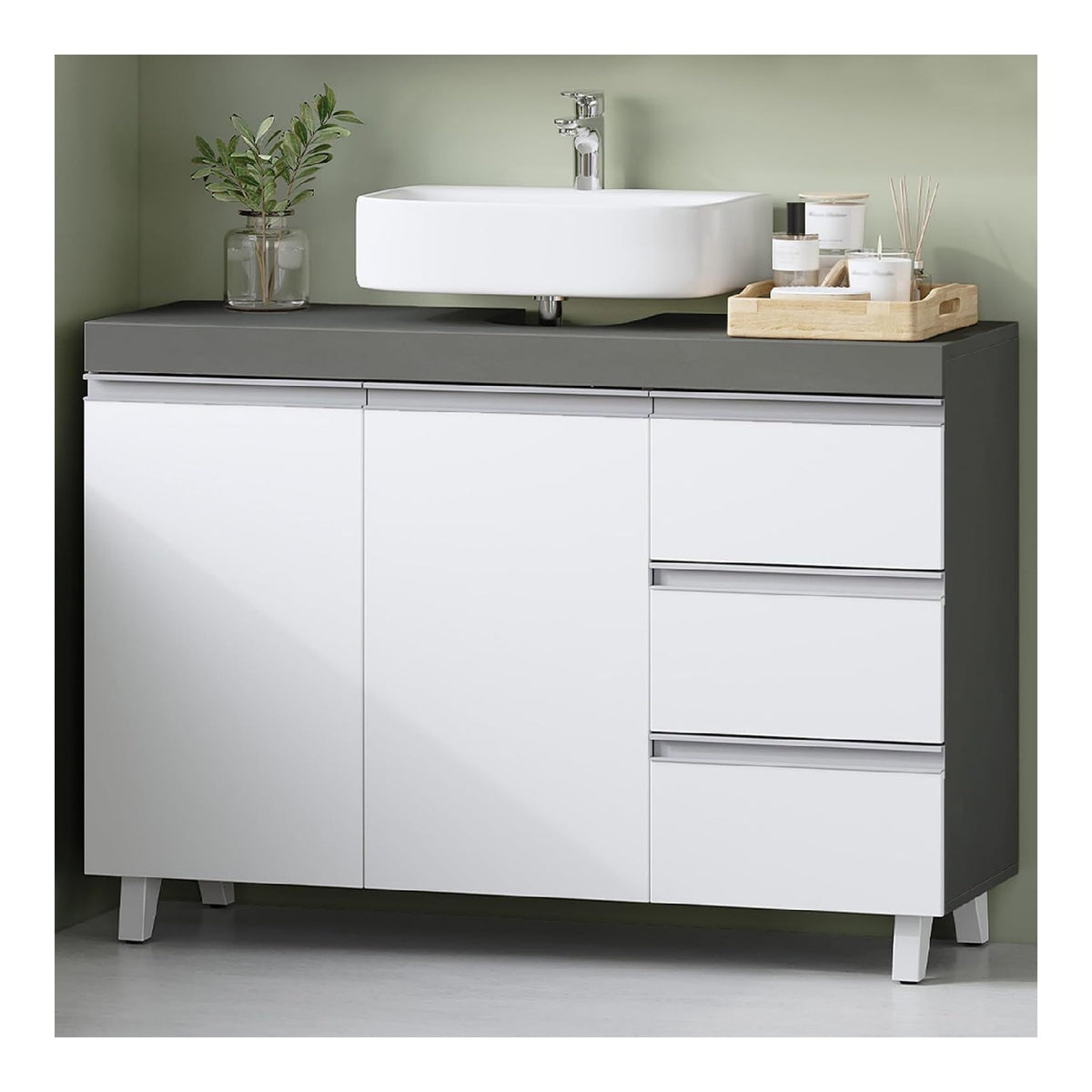 Waschbeckenunterschrank Weiss 30 x 90 x 64 cm Unterschrank Wolkenweiss-Zementgrau Badezimmer