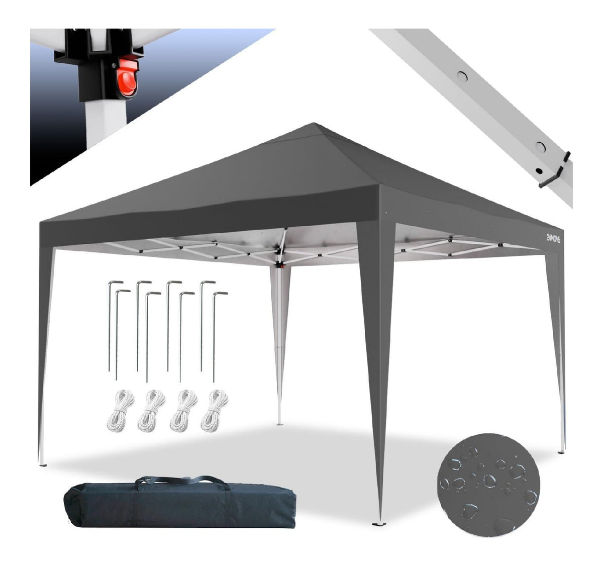 Pavillon Santos Pop-Up UV-Schutz 50+ Wasserdicht Winterfest mit Tasche faltbar stabil Grau 3x3m fuer Camping Garten Faltpavillon - Partyzelt