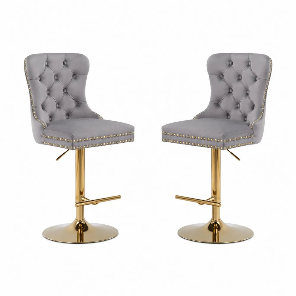 2er-Set Barhocker aus Samt und Metall in Grau mit goldener