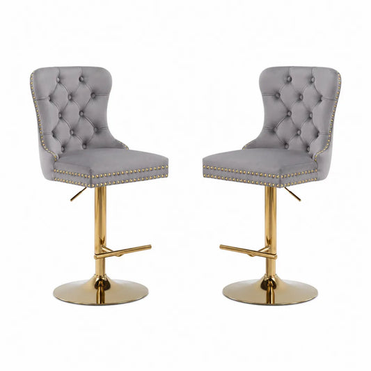 2er-Set Barhocker aus Samt und Metall in Grau mit goldener