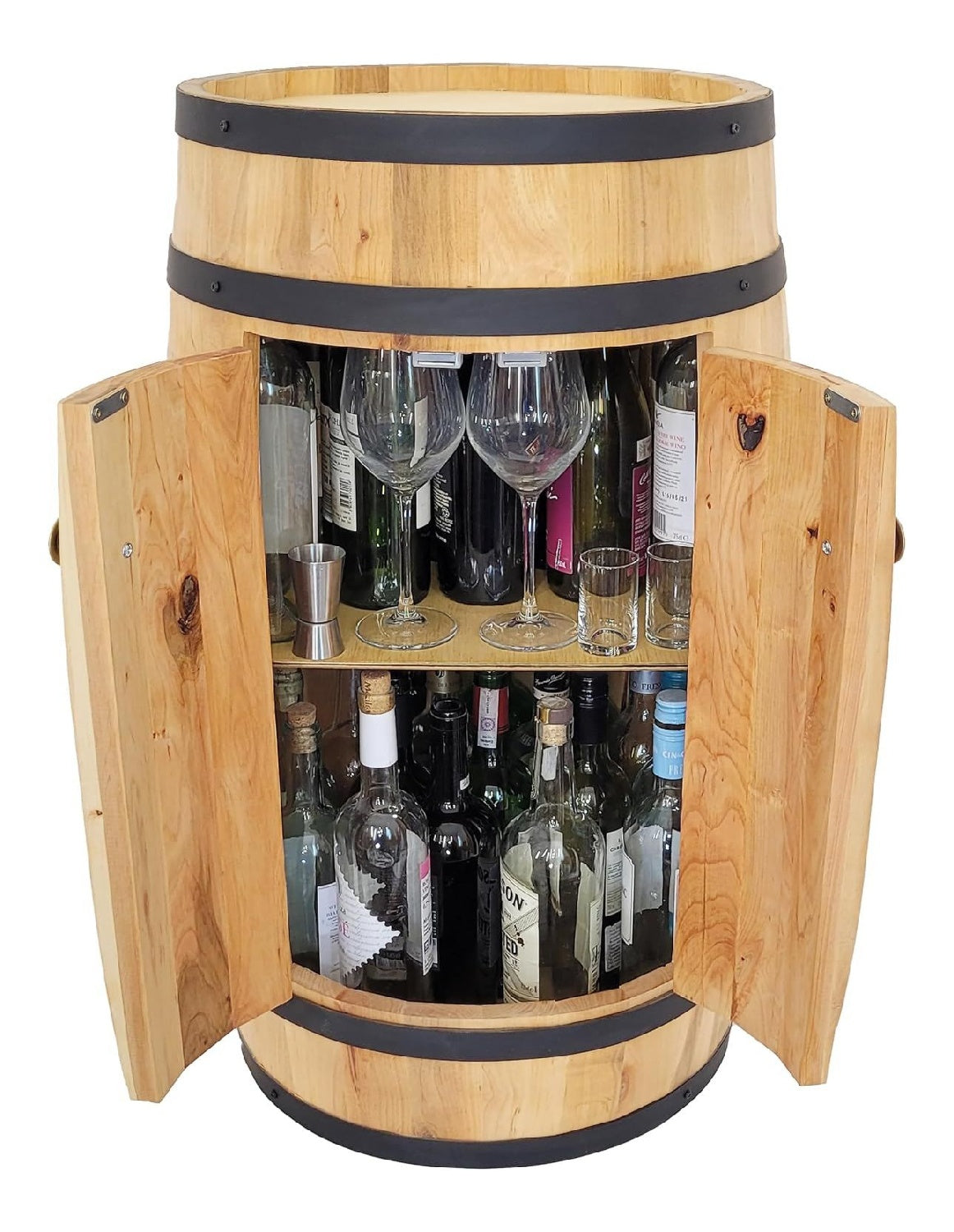 Holzfass bar mit Tueren 80 cm Getraenkeschrank - Desinger Loft Moebel aus Naturholz - Weinregal Flaschenregal Hausbar. Holzregal Whisky Wein Bier