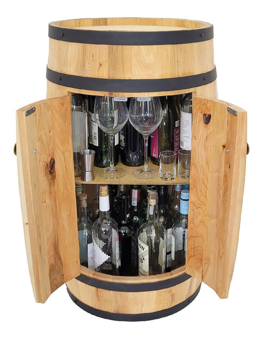 Holzfass bar mit Tueren 80 cm Getraenkeschrank - Desinger Loft Moebel aus Naturholz - Weinregal Flaschenregal Hausbar. Holzregal Whisky Wein Bier