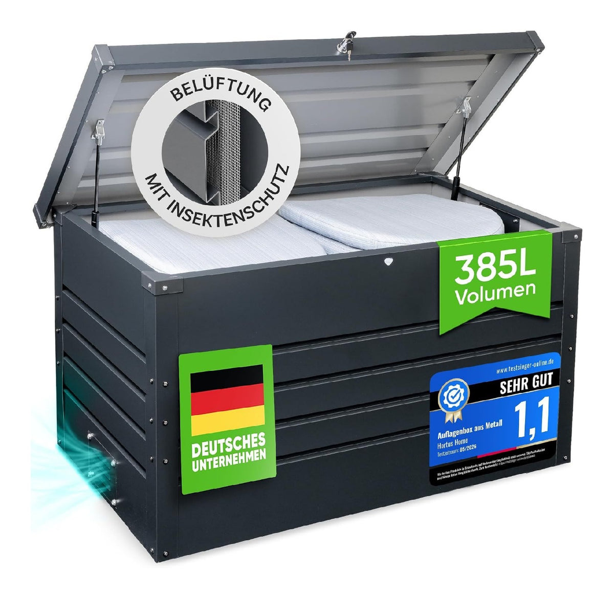 Auflagenbox Wasserdicht Metall Gartenbox Kissenbox Outdoor Belueftet fuer Terrasse Garten Balkon Polsteraufbewahrung Wetterfest Abschliessbar XXL