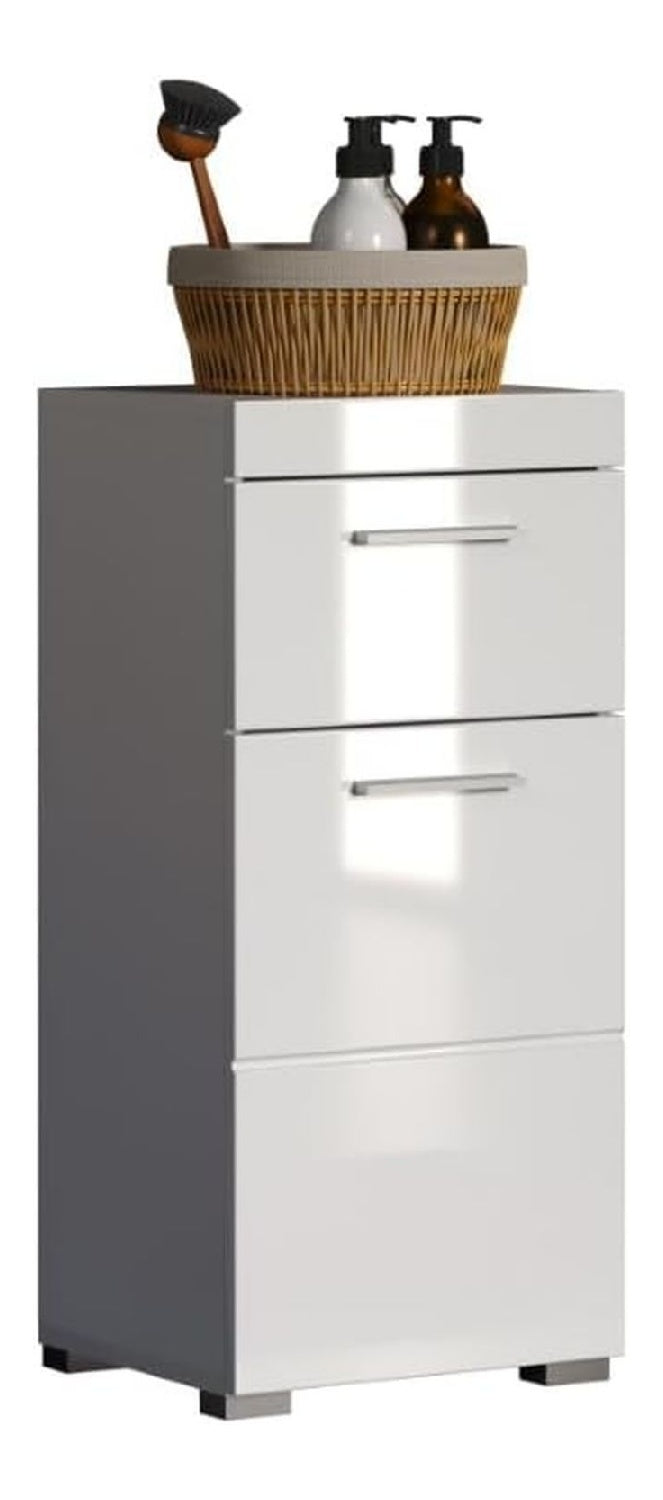 Kommode - - Standschrank - (BxHxT) - Badschrank mit 1 Tuer und 1 Schublade - silberfarbene Griffe - universal einsetzbar - Kratzfest Weiss hochglanz