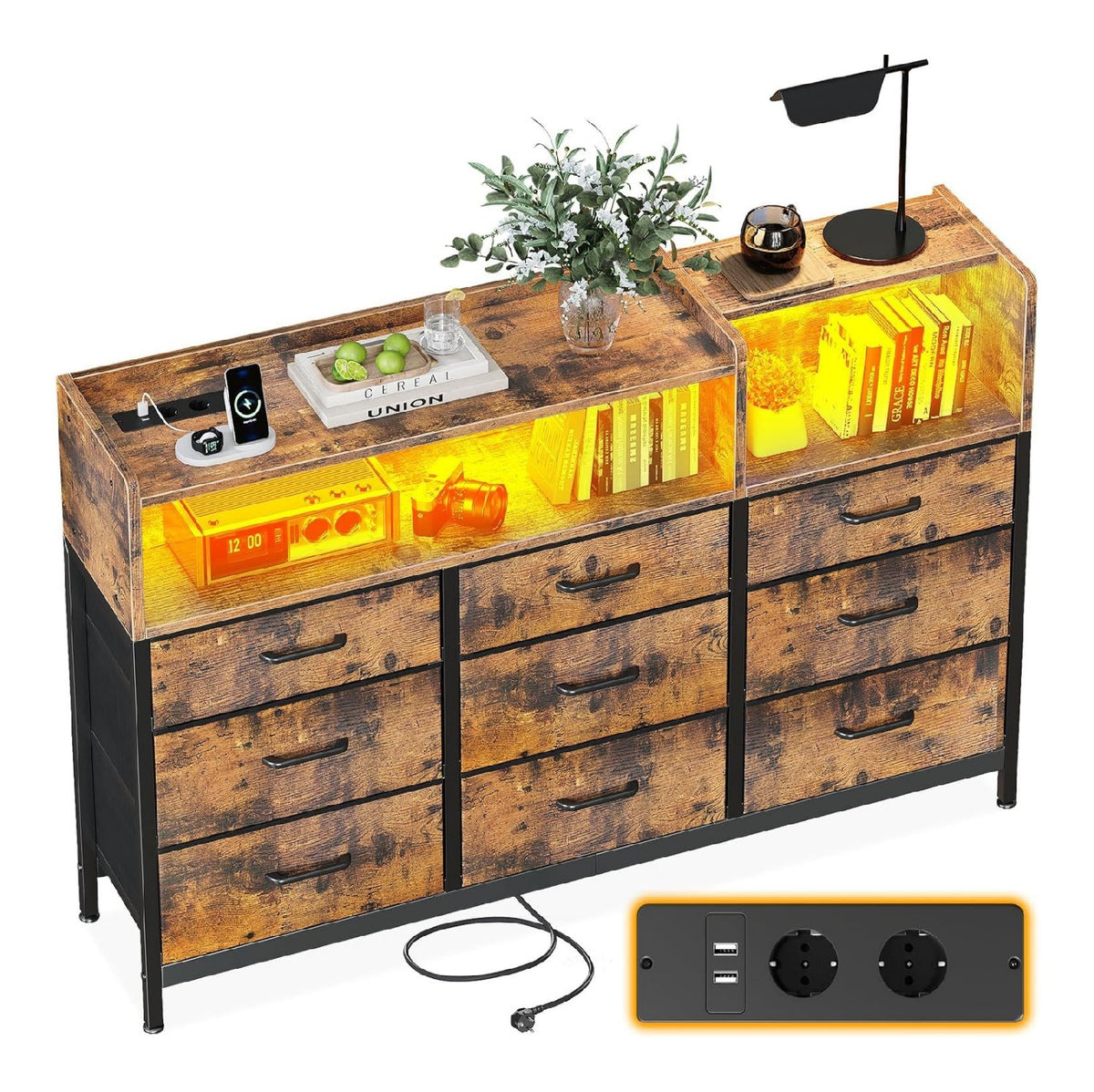 ODK Kommode 130 x 30 x 97cm mit LED 2 USB und 2 Steckdosen 9 Stoffschubladen Kommode mit Schubladen