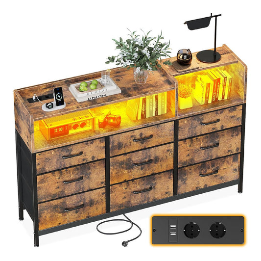 ODK Kommode 130 x 30 x 97cm mit LED 2 USB und 2 Steckdosen 9 Stoffschubladen Kommode mit Schubladen