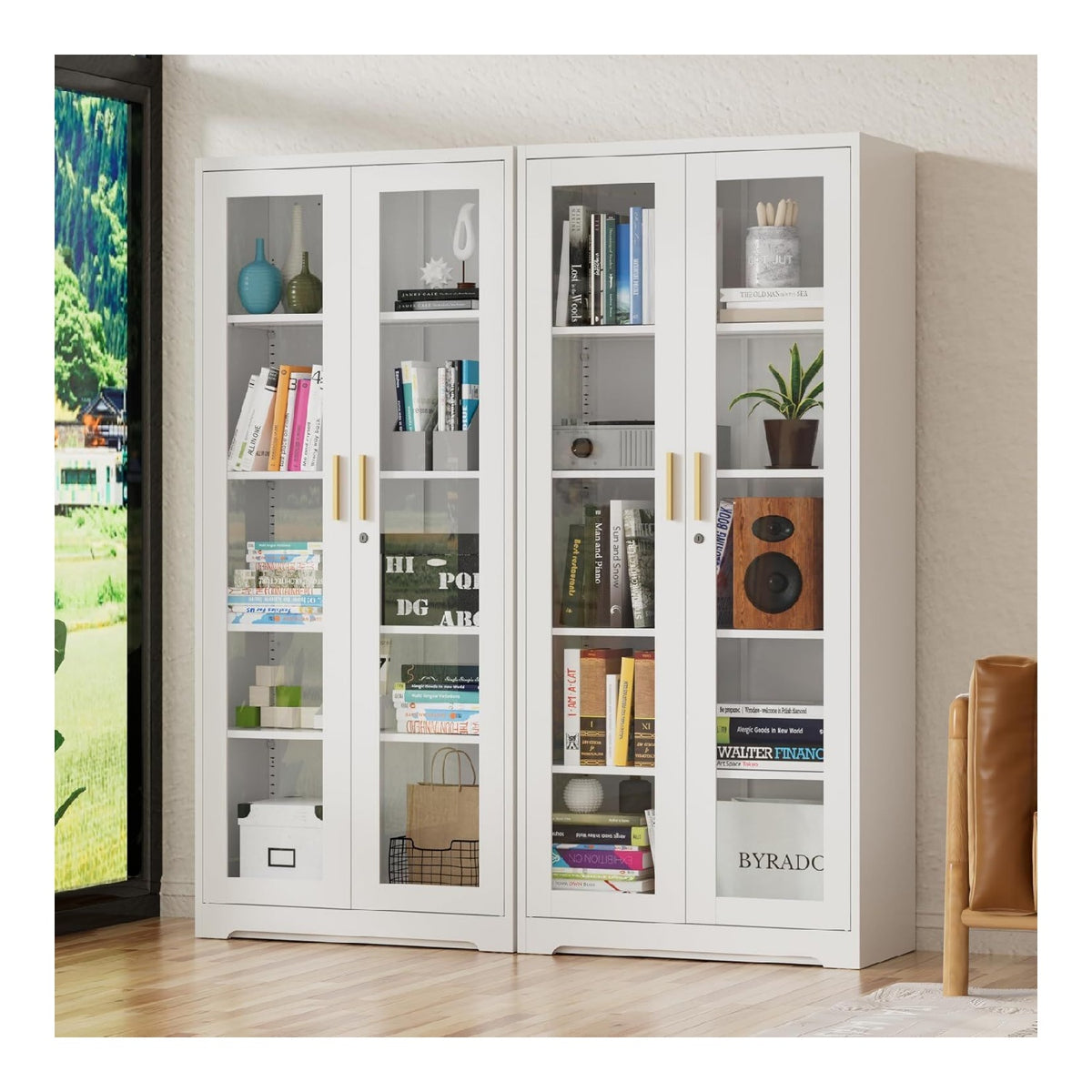 180cm 5-Lagen Glasvitrine Metall Abschliessbar und Glastueren Glasvitrine Stehend Vitrinenschrank mit 4 verstellbaren Ablagen Schwarz weiss