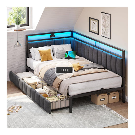 Polsterbett Schlafsofa mit LED-Beleuchtung und USB-Ladestation Grau dunkelgrau 90x200 Jugendbett Tagesbett mit Lattenrost aus Metall und 2 Schubladen