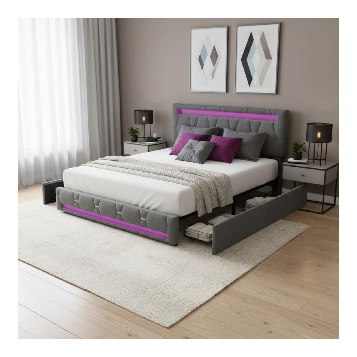 Stauraumbett mit 4 Schubladen Grau 160x200 Polsterbett mit LE/D Doppelbett mit Lattenrost