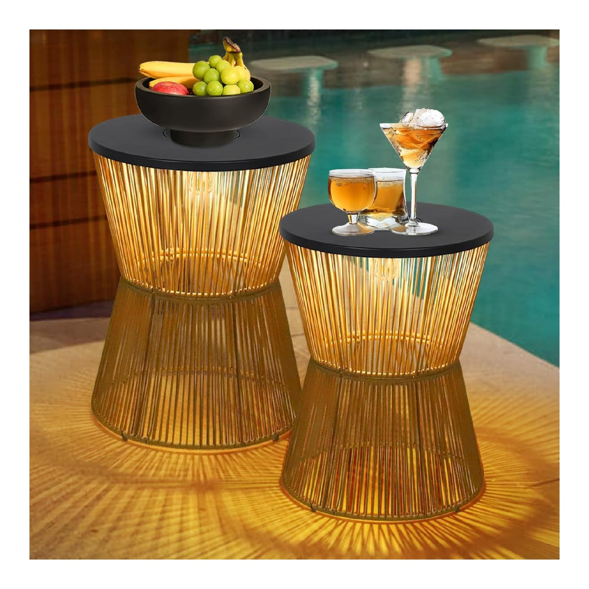 Rayofly Solar Beistelltisch Outdoor 2er Set Grau rattan Rund Gartentisch Wetterfest mit Solarleuchte Kunststoff- Solar Outdoor Tisch