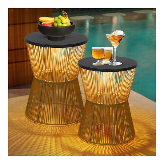 Rayofly Solar Beistelltisch Outdoor 2er Set Grau rattan Rund Gartentisch Wetterfest mit Solarleuchte Kunststoff- Solar Outdoor Tisch
