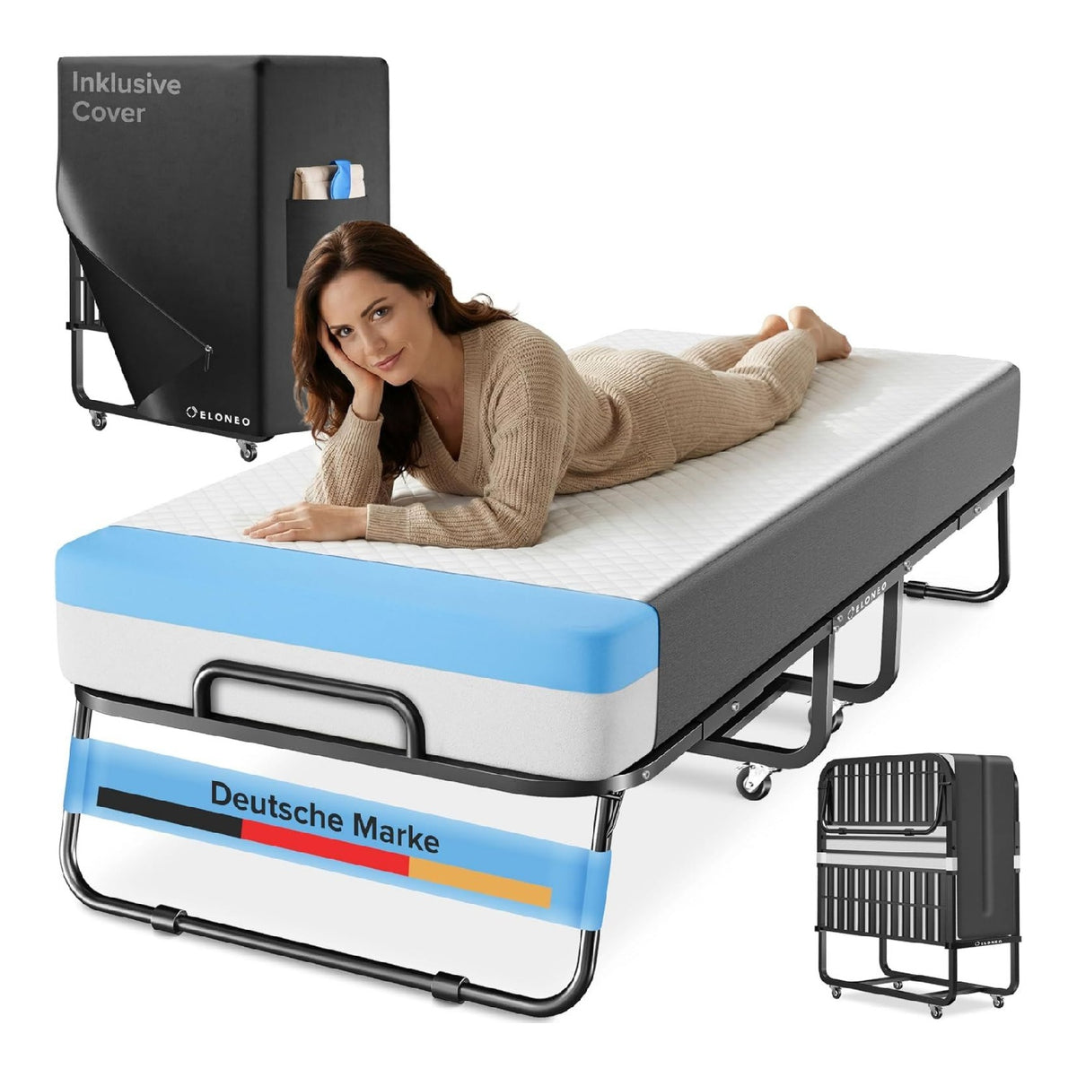 ELONEO Klappbett inkl. Premium Matratze aus Memory-Schaum Gaestebett klappbar 90x200 cm belastbar bis 250kg faltbares Reisebett mit Metallrahmen und