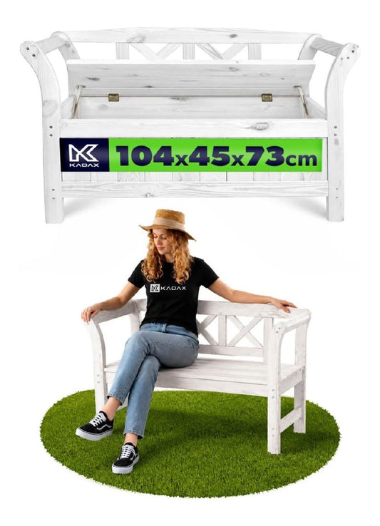 KADAX Gartenbank Weiss 119x45x73 cm Banktruhe aus Einer Holzfaserplatte Sitzbank mit Stauraum und Ruecklehne