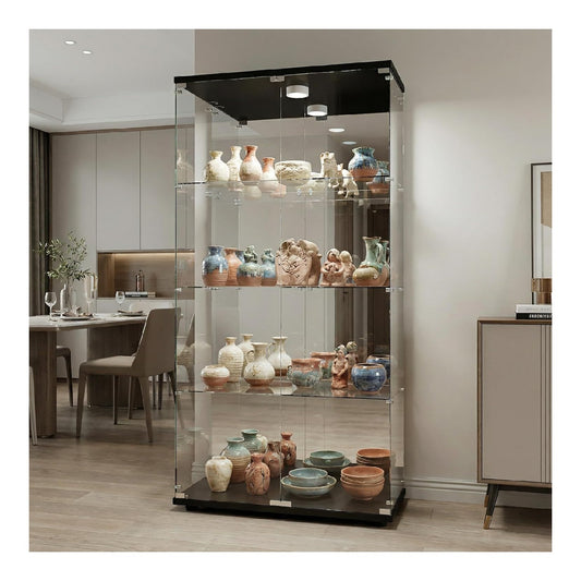 Glasvitrine Standvitrine mit LED Schwarz Glasvitrine Stehend mit 4 Lagen Glas Vitrinenschrank 2 TueR Schloss Vitrine Glasschrank fuer Wohnzimmer