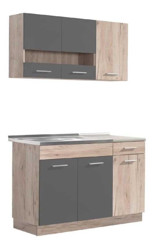 Kuechenzeile 120 cm - Singlekueche ohne Geraete Kuechenblock mit Unterschrank Grau eiche Haengeschraenken Arbeitsplatte modular erweiterbar Breite