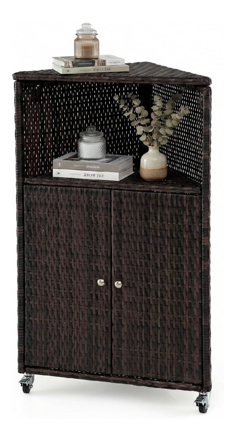 LIFEZEAL Gartenschrank Outdoor rattan Eckschrank mit Rollen Mobiler Aufbewahrungsschrank mit Metallrahmen