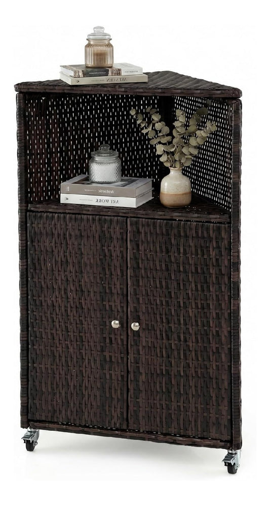 LIFEZEAL Gartenschrank Outdoor rattan Eckschrank mit Rollen Mobiler Aufbewahrungsschrank mit Metallrahmen