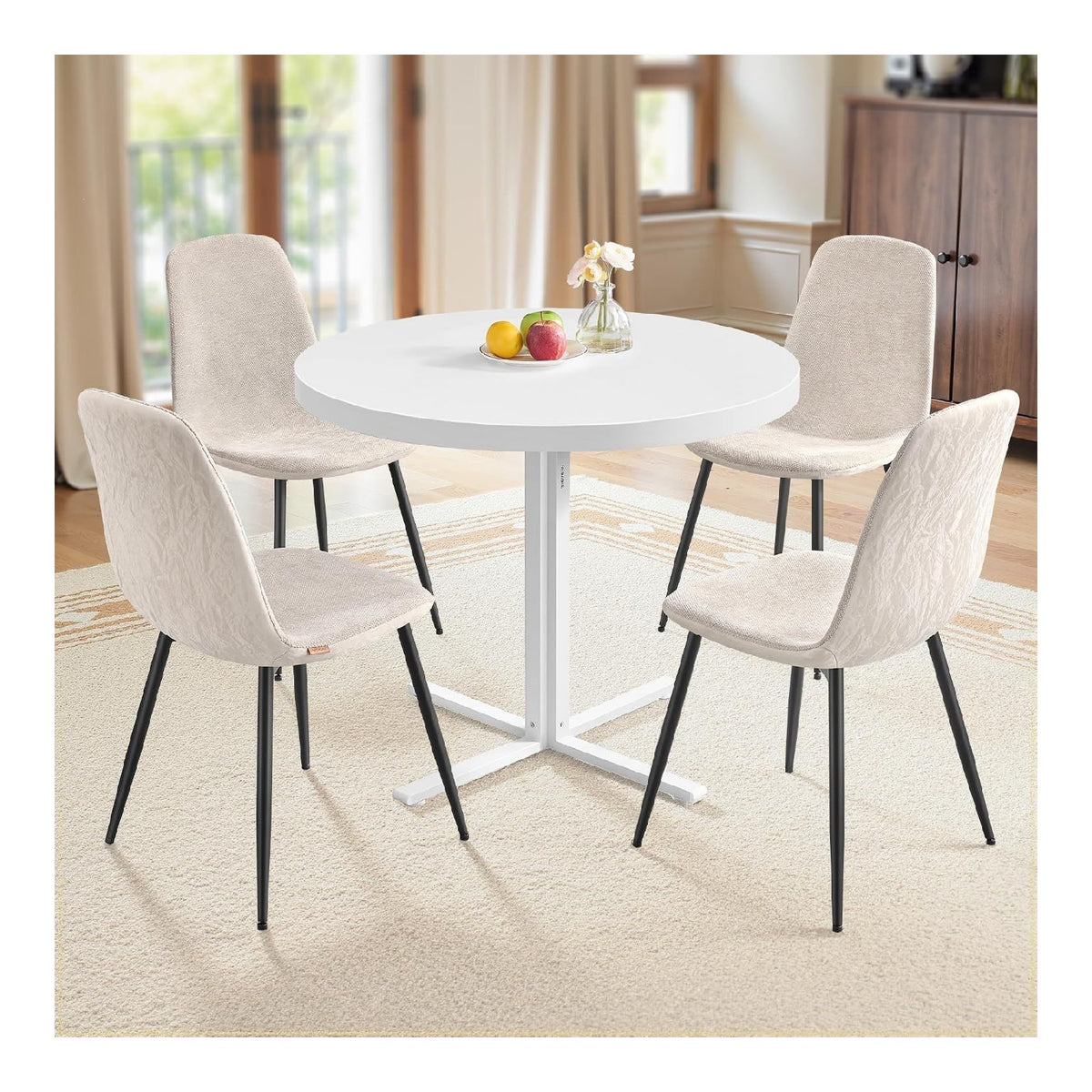 Runder Tisch mit 4 Esszimmerstuehlen Weiss Essgruppe Stahlgestell