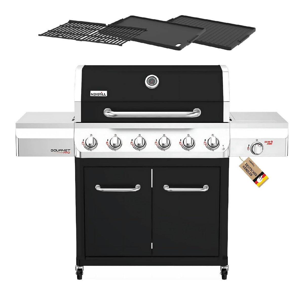 Nexgrill Gourmet Pro 6-Brenner Gasgrill mit Keramik-Seitenbrenner Plancha Griddle-Max System porzellanbeschichtetem Gusseisenrost Edelstahlbrennern