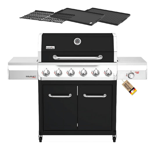 Nexgrill Gourmet Pro 6-Brenner Gasgrill mit Keramik-Seitenbrenner Plancha Griddle-Max System porzellanbeschichtetem Gusseisenrost Edelstahlbrennern