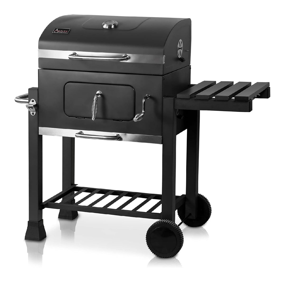 Holzkohlegrill Angular Guss inkl. Gusseisenrost wetterfester Abdeckhaube I Holzkohlegrill mit Deckel verstellbarer Kohlewanne Thermometer I Grillwagen